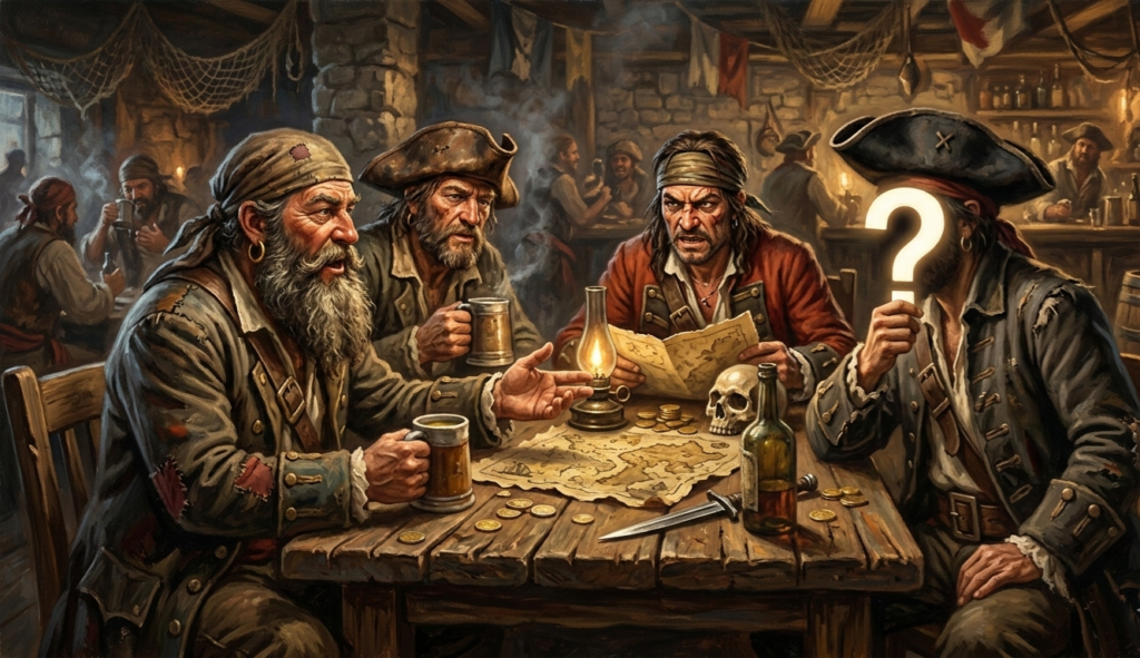 Dessin de 4 pirates dans un café autour d'une table dont 1 avec un point d'interrogation devant son visage