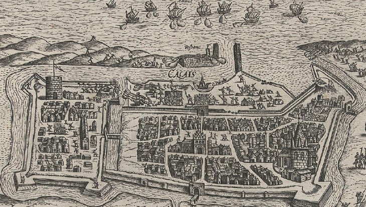 Plan de Calais datant du fin du 16ème siècle montrant la situation du fort Risban de l'autre côté du chenal de l'entrée du port