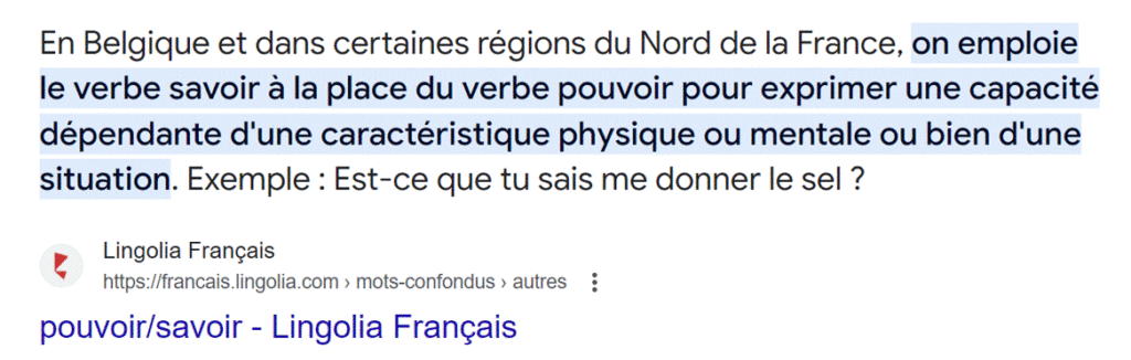 Extrait d'un article de Lingolia indiquant que le verbe savoir est utilisé dans le sens de pouvoir dans la région du nord