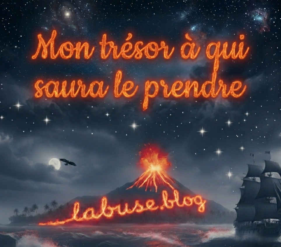 Un navire s'éloigne d'une île où un volcan est en éruption. Dans un ciel sombre, une buse tournoie devant une lune qui se cache derrière les nuage. 1 message dans le ciel : "mon trésor à qui saura le prendre"