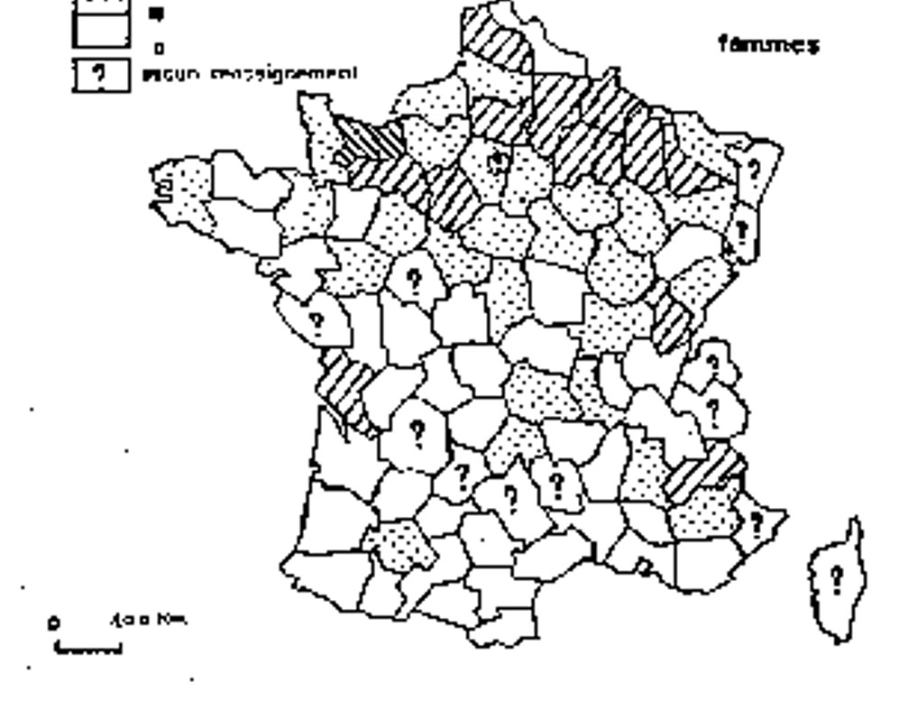 Carte de la France avec indications par département sur la capacité des femmes à signer leur acte de mariage