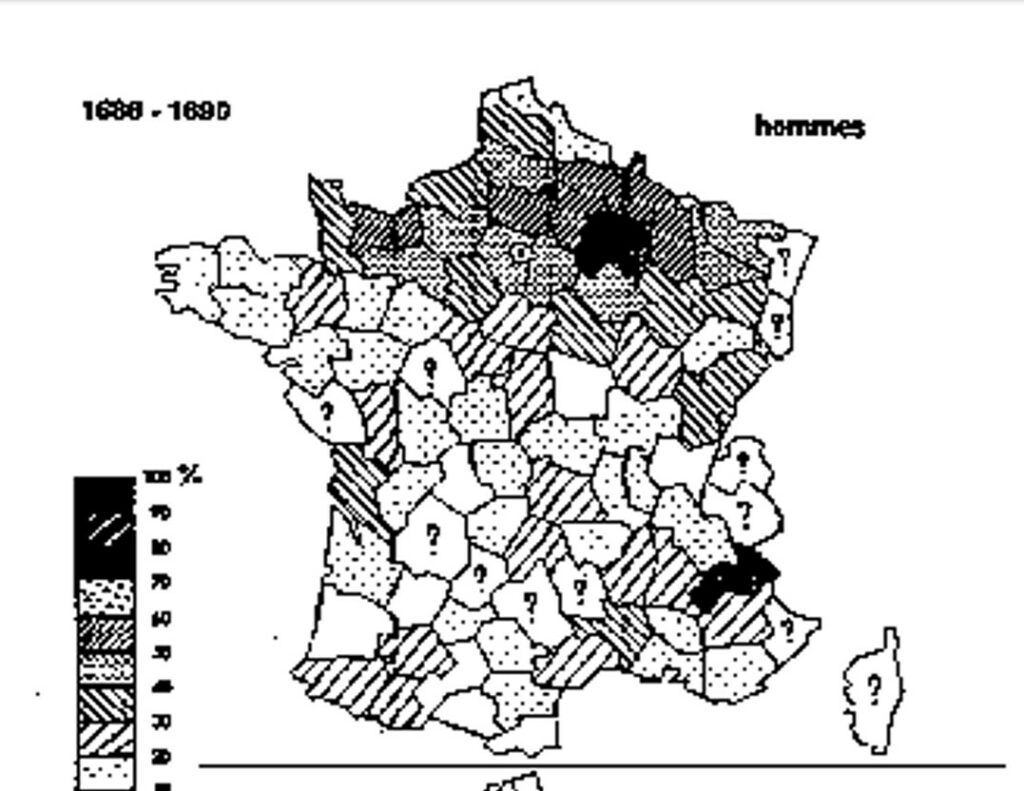 Carte de la France avec indications par département sur la capacité des hommes à signer leur acte de mariage