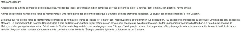 Copie de généanet indiquant l'histoire d'une Marie Anne Baudry embarquant de La Rochelle vers La Réunion