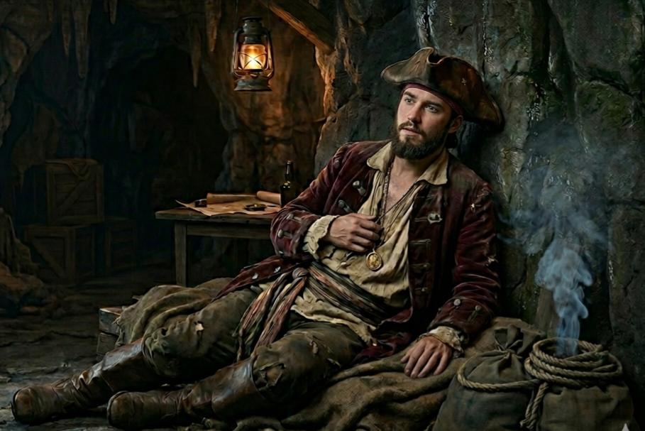 Image d'un pirate en train de mourir dans une grotte avec une petite fumée qui s'échappe d'une parroie