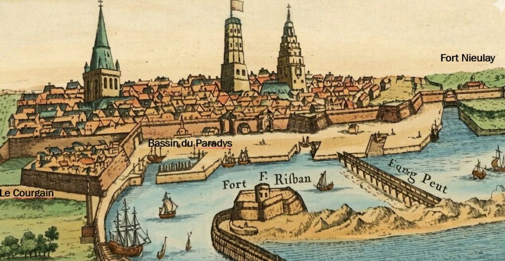 Vue de Calais avec le Fort Risban, le Courgain, le bassin du Paradys, le Fort Nieulay...