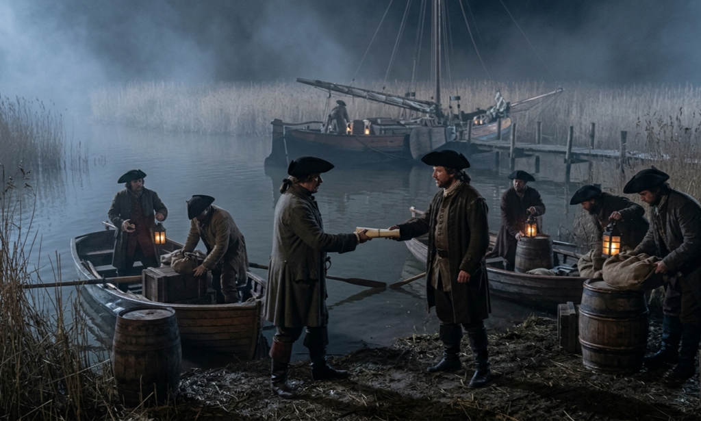 Création d'une scène où les smoggleurs s'échangent des marchandises et des messages en plein milieu des marais