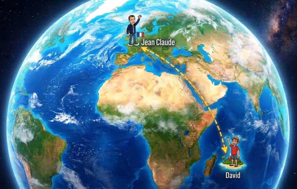 La terre symbolisant l'association d'"un gars" au niveau de Lille et un autre au niveau de La Réunion