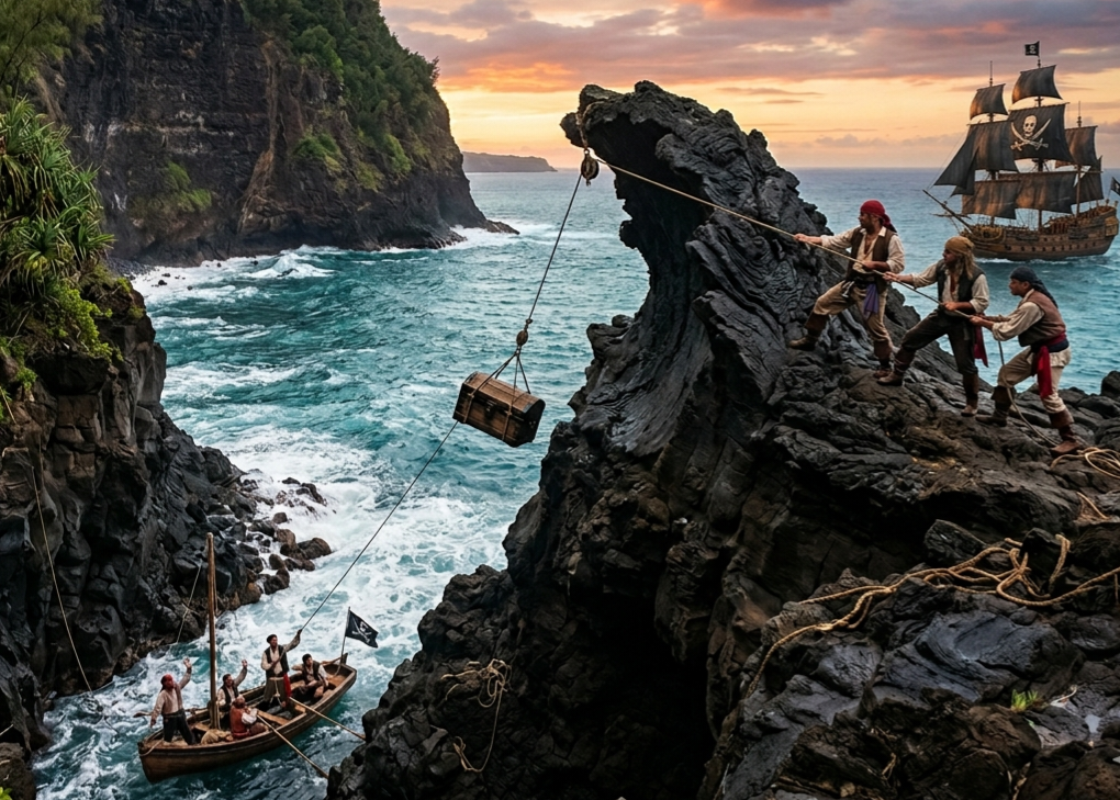 Image illustrant la scène d'un déchargement d'un trésor d'une barque à partir d'un promontoire en forme de tête de cheval