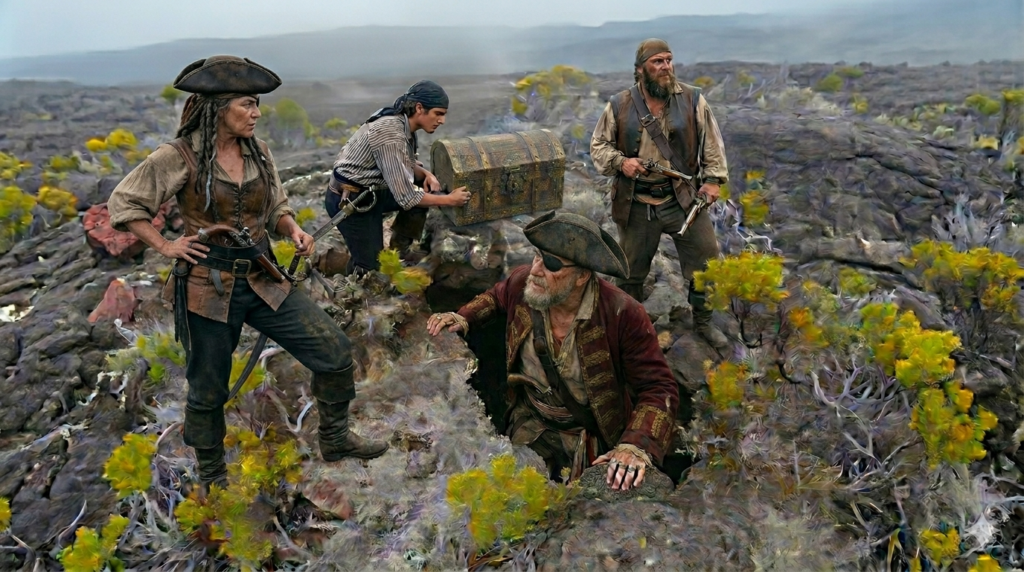 Image montrant un pirate qui essaie de rentrer dans une grotte étroite. 3 autres pirates dont 1 femme sont aux alentours