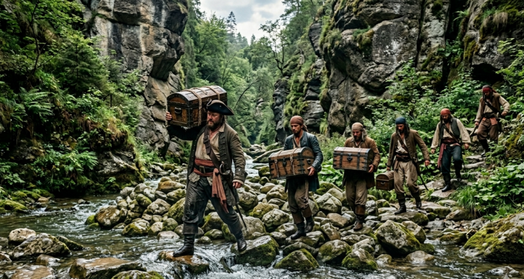 5 pirates chargés de coffres traversent un gué dans une ravine